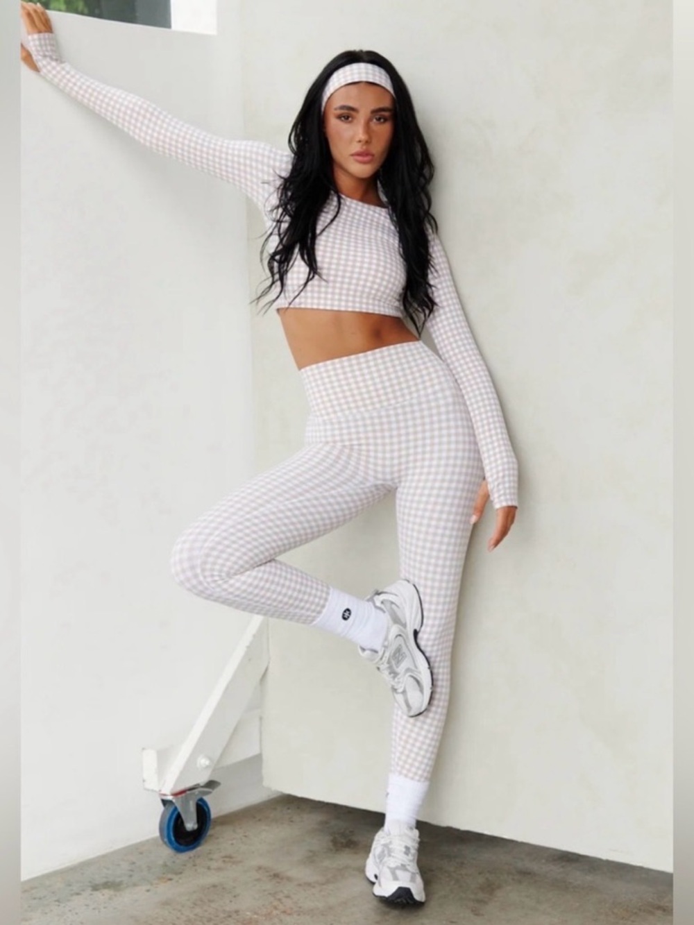 High-Waist Checked Leggings — Cream/White